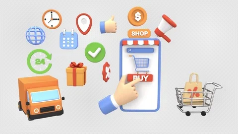 3d hand interacts with a smartphone interface surrounded by e-commerce icon.. Stock Footage 310416539