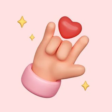 3D hand making I love you gesture gestures with red heart. cartoon style Illustrazione stock