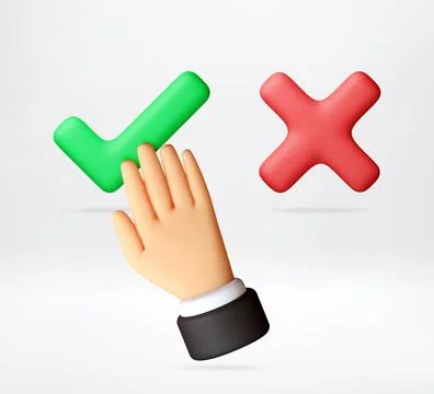 3D Hand pushing green check mark and red cross Stock Illustration