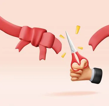 3D Hand with scissors cut red ribbon with bow Stock Illustration