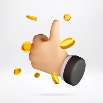 3D hand showing thumb up gesture with coins Stock Illustration