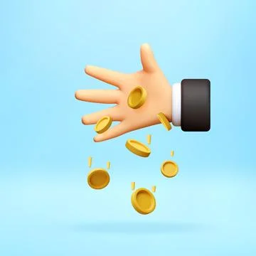 3D Hand throwing falling golden coins. Stock Illustration