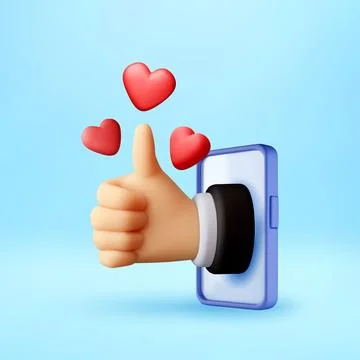 3D hand thumbs up from smartphone with red hearts Stock Illustration