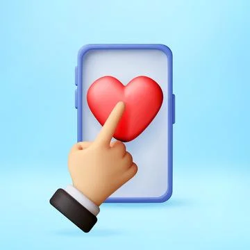3D Hand touching red heart icon on mobile phone Stock Illustration