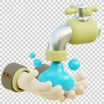3D Hand Washing with Tap Water and Soap Bubbles, wudhu Stock Illustration