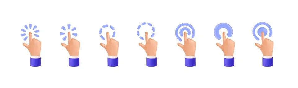 3D hands click cursor. Finger render touch emoji elements. Human forefinger p Stock Illustration