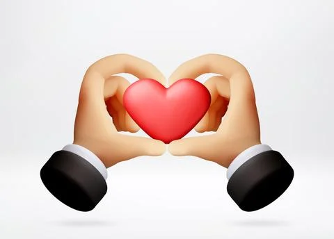 3D Hands forming heart shape around red heart icon Stock Illustration