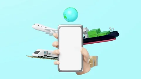 3d hands hold smartphone with globe, ship, plane, map isolated on blue. ser.. Video stock 277580958