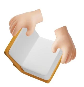 3D hands holding an open book with a yellow cover and blank pages. Stock Illustration