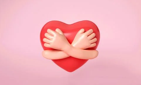 3D hands hugging a red heart with love. Hand embracing red heart on pink Stock Illustration