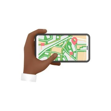 3D hands of man touch with finger mobile application with city map on smartphone Illustrazione stock