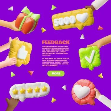 3D hands with speech bubbles with class, check mark, heart, star, online Stock Illustration