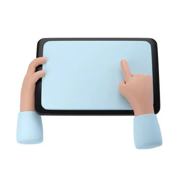 3D Hands using tablet mockup icon. Cartoon hand holding tablet isolated with Illustrazione stock