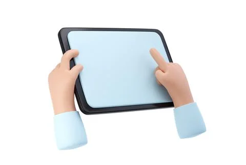 3D Hands using tablet mockup icon. Cartoon hand holding tablet isolated with Illustrazione stock