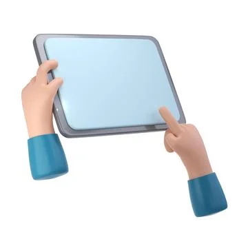 3D Hands using tablet mockup icon. Cartoon hand holding tablet isolated with Illustrazione stock