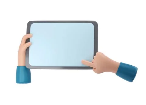 3D Hands using tablet mockup icon. Cartoon hand holding tablet isolated with Stock Illustration