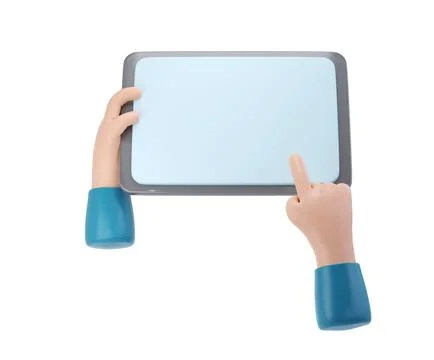 3D Hands using tablet mockup icon. Cartoon hand holding tablet isolated with Illustrazione stock