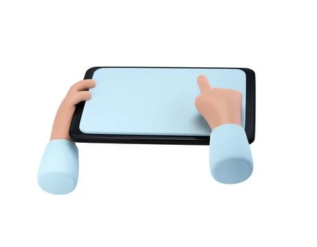 3D Hands using tablet mockup icon. Cartoon hand holding tablet isolated with Stock Illustration