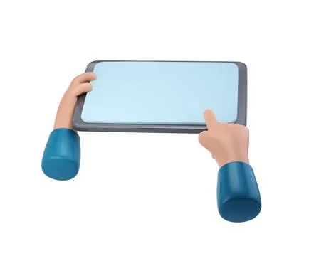 3D Hands using tablet mockup icon. Cartoon hand holding tablet isolated with Illustrazione stock