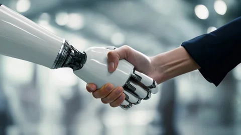 3D handshake between robotic claw and human Video stock 317217405