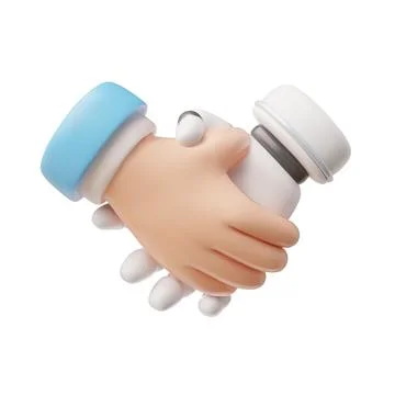 3D handshake icon of a human and a robot, artificial intelligence, fusion Illustrazione stock
