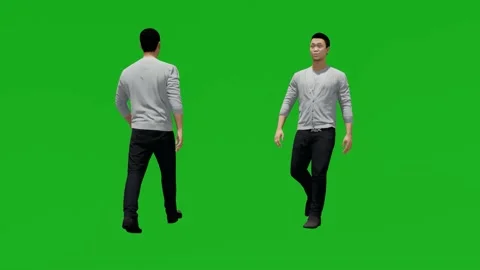 3D handsome man on green screen walking in the market with 2 different views Video stock 201737301
