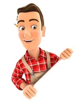 3d handyman behind diagonal wall Stock Illustration