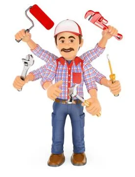 3D Handyman multitasking with six arms Stock Illustration