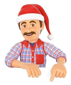 3D Handyman pointing down with a Santa Claus hat. Blank space Stock Illustration