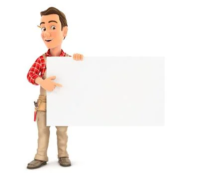 3d handyman pointing empty board Stock Illustration