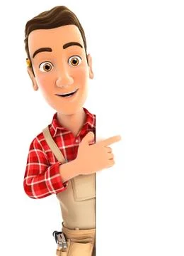 3d handyman pointing to right blank wall Stock Illustration