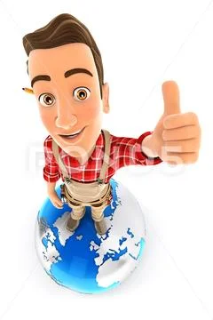 3d handyman is standing on earth with thumb up Stock Illustrationen