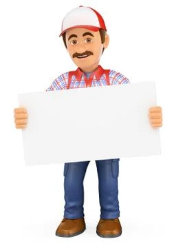 3D Handyman worker standing with a blank poster Stock Illustration