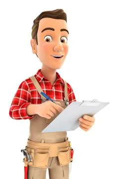 3d handyman writing on notepad Stock Illustration