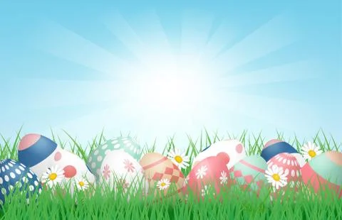 3D Happy Easter background with Colorful Easter Eggs on grass field with sunl Illustrazione stock