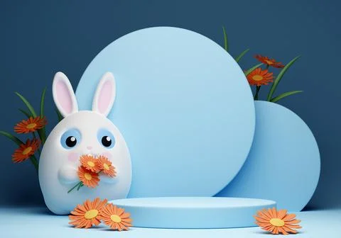 3d Happy Easter banner with little kawaii white rabbit with podium Stock Illustration