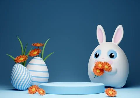 3d Happy Easter banner with little kawaii white rabbit with podium Stock Illustration