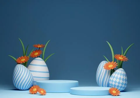 3d Happy Easter banner with little kawaii white rabbit with podium Stock Illustration