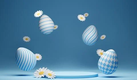 3d Happy Easter banner with little kawaii white rabbit with podium Stock Illustration