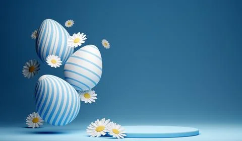 3d Happy Easter banner with little kawaii white rabbit with podium Stock Illustration