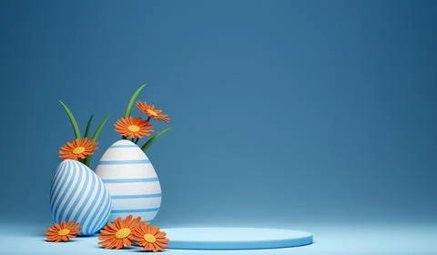 3d Happy Easter banner with little kawaii white rabbit with podium Stock Illustration