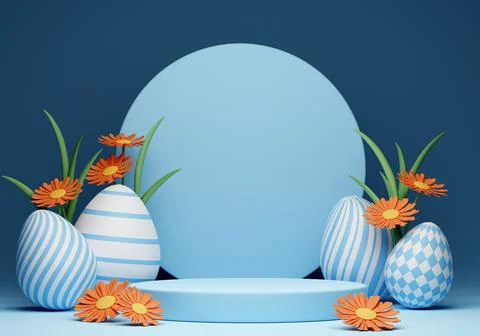 3d Happy Easter banner with little kawaii white rabbit with podium Stock Illustration