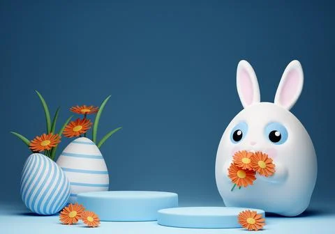 3d Happy Easter banner with little kawaii white rabbit with podium Stock Illustration