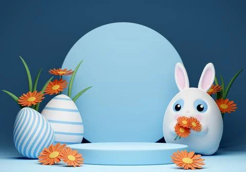 3d Happy Easter banner with little kawaii white rabbit with podium Stock Illustration