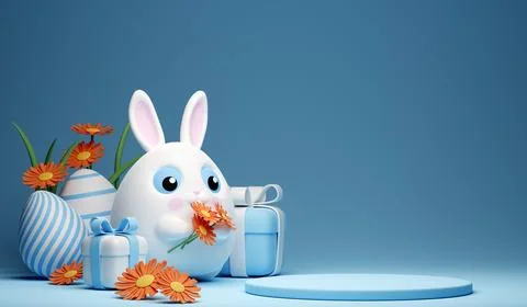 3d Happy Easter banner with little kawaii white rabbit with podium Stock Illustration