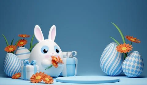 3d Happy Easter banner with little kawaii white rabbit with podium Stock Illustration