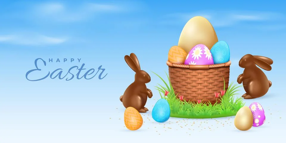 3d happy easter egg basket. Modern layout with religious nest, spring holidays Illustrazione stock