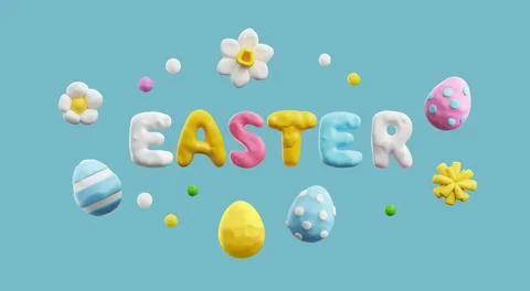 3D Happy Easter holiday greeting design with spring blossom, Easter painted eggs Stock Illustration