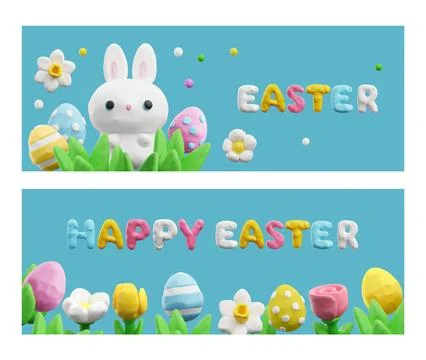 3D Happy Easter holiday greeting plasticine design with spring blossom, Easter Stock Illustration