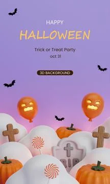 3d Happy Halloween background with text. cloud white pumpkins, grave, balloon Stock Illustration